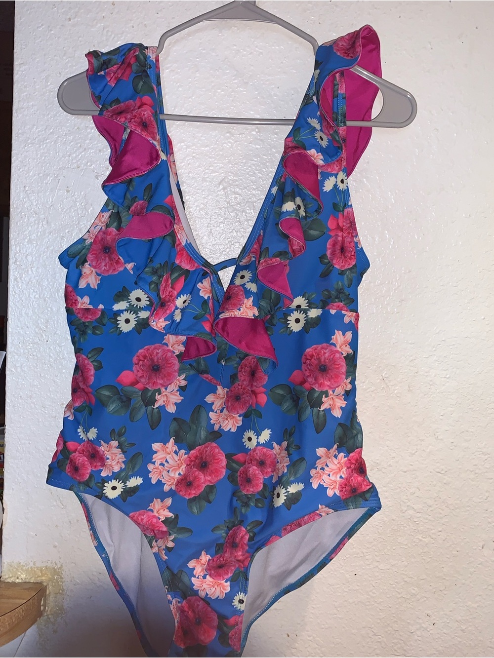SHEIN Blue Floral One-Piece Swimsuit with Pink Ruffle Trim